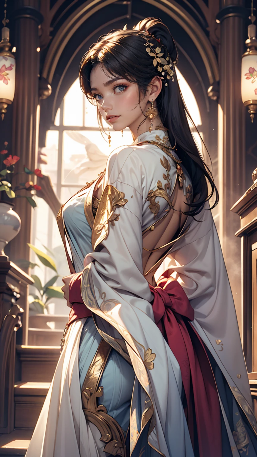 Warrior Girl、White woman、Art Nouveau Background