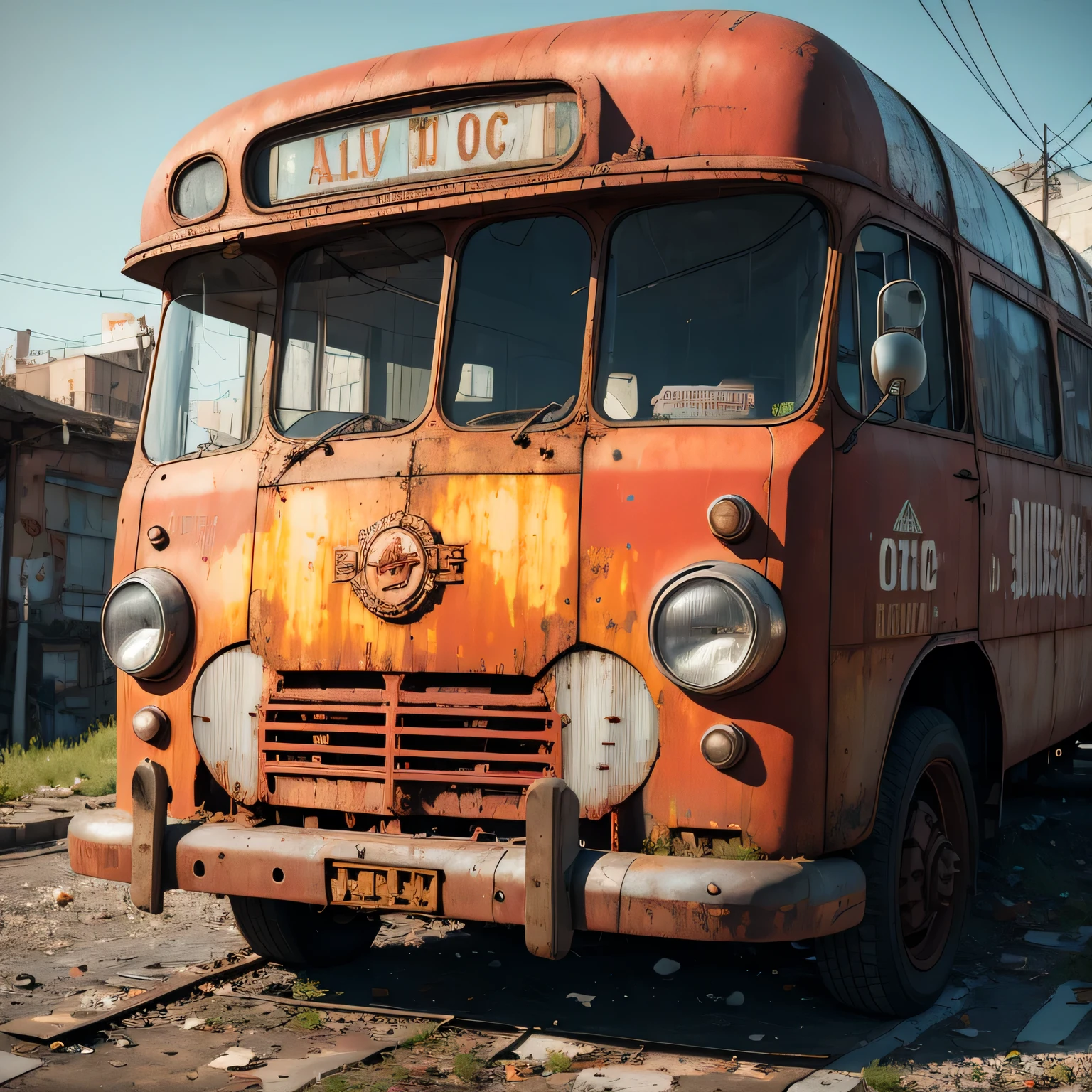 rusty bus parked in front of a building with a sign on it, alexey egorov, rendered in cinema 4 d octane, highly detailed hyper real retro, octane photoreal 3 d render, greg rutkowski. octane render, realistic paint job, realistic. octane render, realistic cinema 4 d render, soviet bus stop, photo realistic octane render, realistic octane render