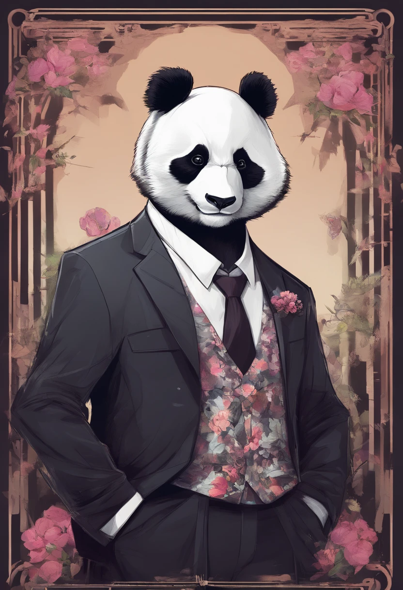 anthropomorphic panda, de cuerpo entero, vestido formalmente con un blazer, sostiene una bandeja, pegatina de panda, sticker de panda.