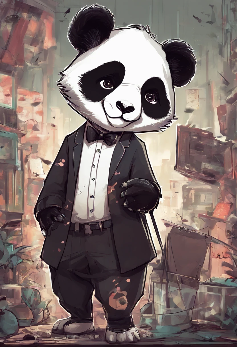 anthropomorphic panda, de cuerpo entero, vestido formalmente con un blazer, sostiene una bandeja, pegatina de panda, sticker de panda.