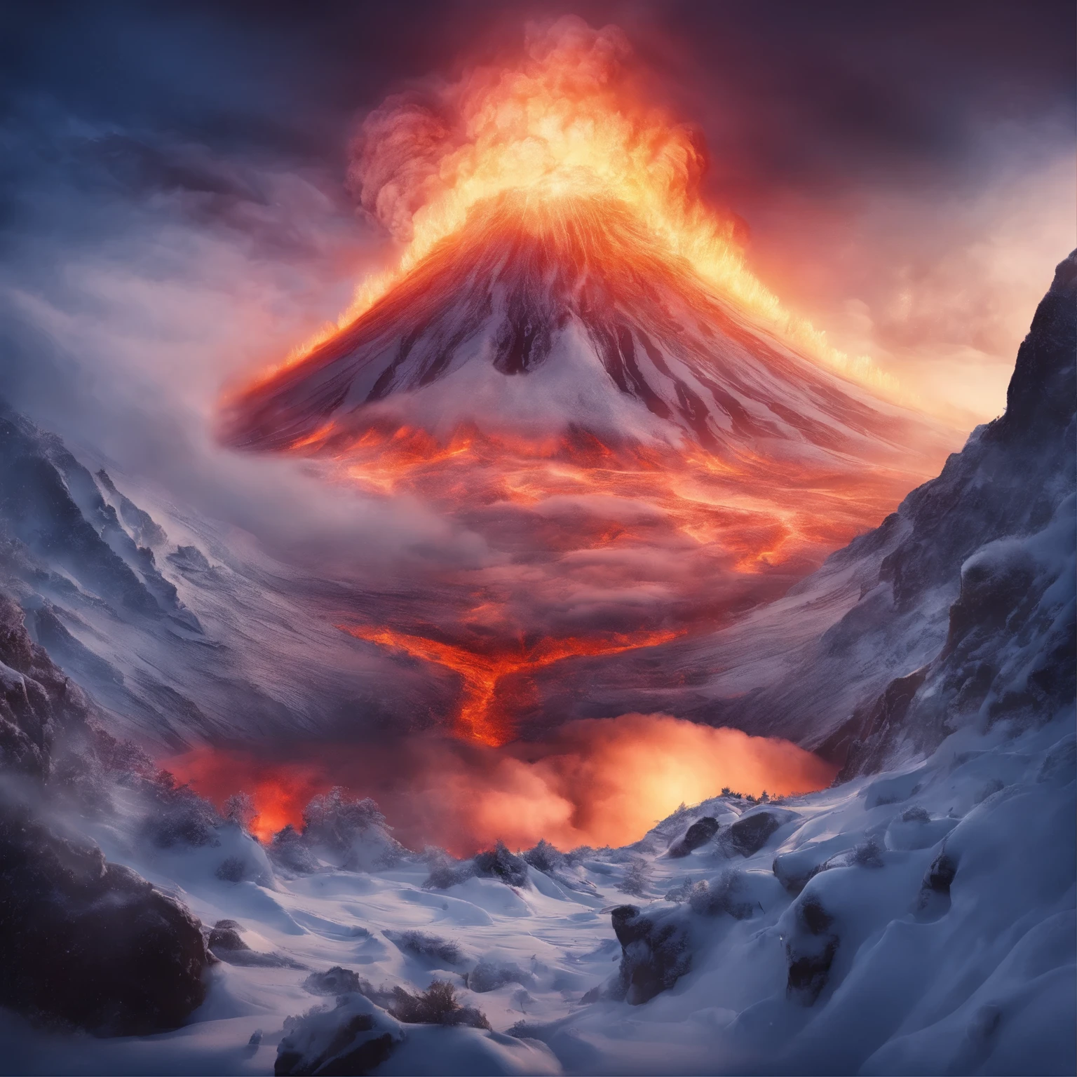 super high image, super detail, super high resolution, active volcano crater, magma, heavy snow, blizzard, avalanche, professional lighting
