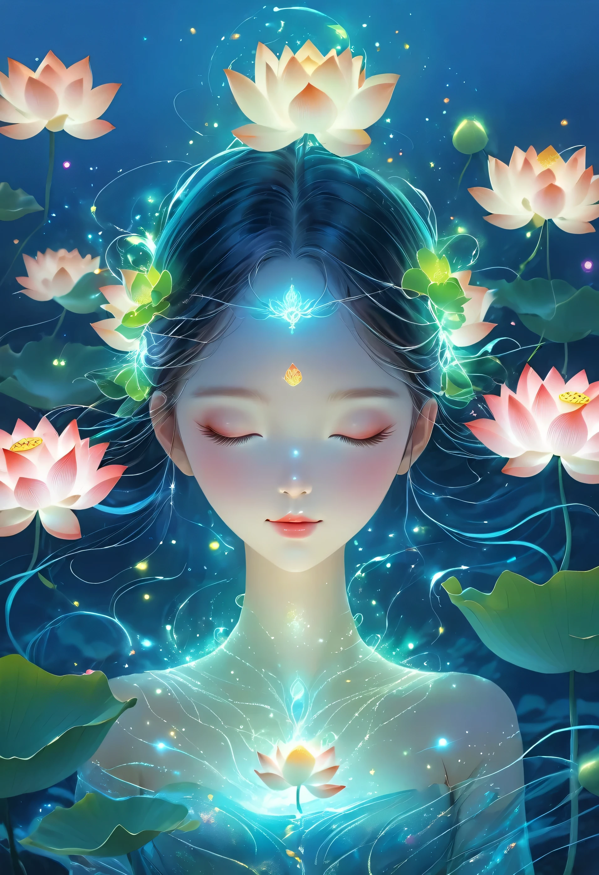 (masterpiece, best quality:1.2), digital art style, Charming illustrations,Peace Pictures,1 girl, Wearing a lotus flower on his head,Solitary,Body Glow,Glowing Line,Fluorescence,Glow Example,Tracking Example,flash,萤Light Particles,Backlight,translucent,Light Particles,Correct human anatomy,