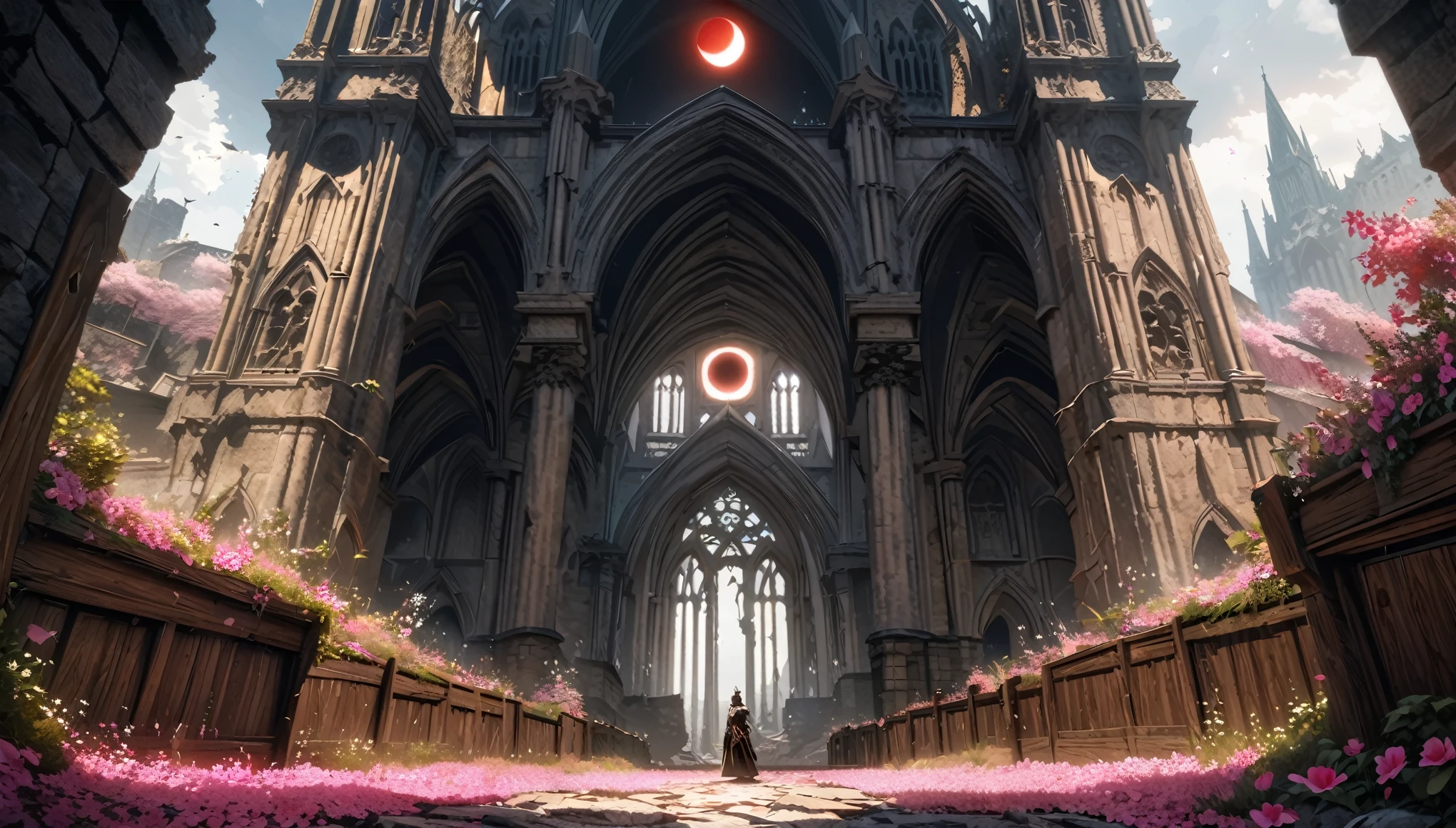 anime aestetics, fantasy landscape, medieval cathedral, broken walls, tall old wooden doors, black old broiks, broken road leading to the old cathedral, red solar eclipse, a lot of pink flowers with pointy petals, dark souls 3 eclipse, wide shot, front view, berserk eclipse, tragic atmospher, sad atmosphere,   4k, masterpiece:1.4, best quality,4k,high resolution ultra detailed, retina