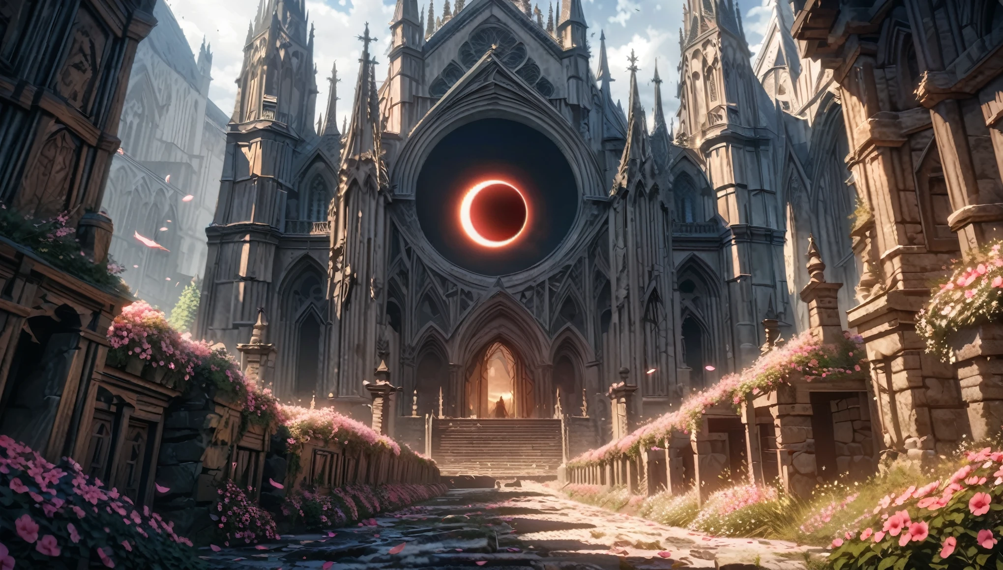 anime aestetics, fantasy landscape, medieval cathedral, broken walls, tall old wooden doors, black old broiks, broken road leading to the old cathedral, red solar eclipse, a lot of pink flowers with pointy petals, dark souls 3 eclipse, wide shot, front view, berserk eclipse, tragic atmospher, sad atmosphere, 4k, masterpiece:1.4, best quality,4k,high resolution ultra detailed, retina