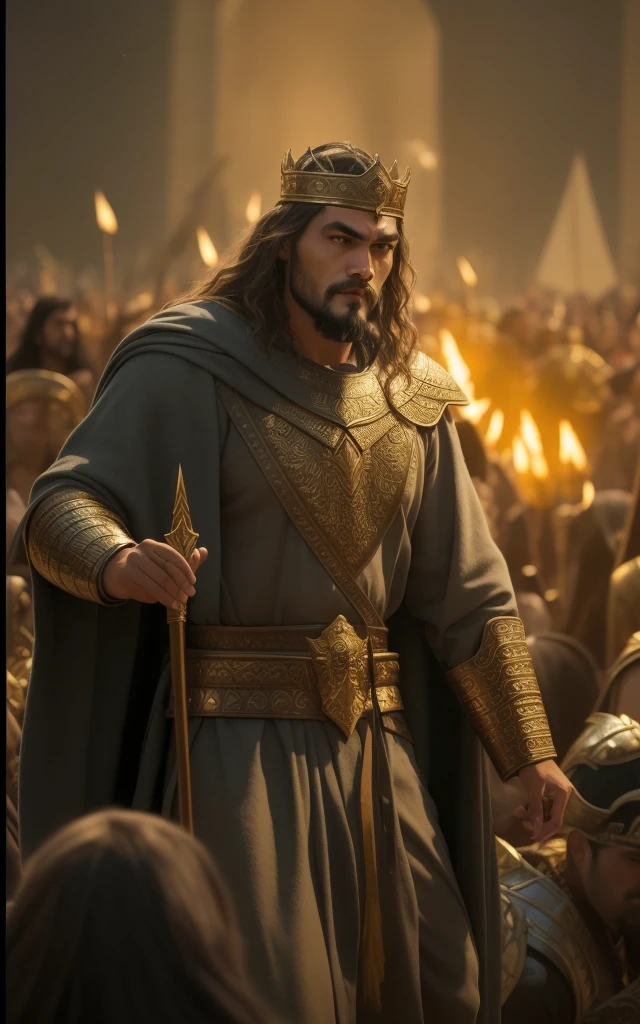Image of a man in a crown and robe standing before a crowd of people, jason momoa as assyrian, biblical epic movie, Grande Rei de Stovokor, ainda de um filme de fantasia, Gengis Khan, guerreiro persa, Foto de Genghis Khan, de warcraft, Guan Yu, Directed by: Roman Bezpalkiv, [ cinemactic