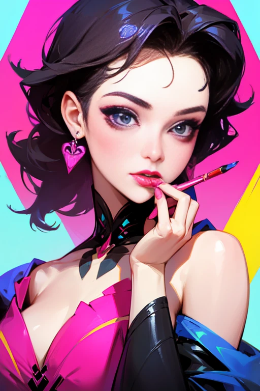 Beautiful woman paints her lips with lipstick. Beautiful woman face, Fine details, high quality, high quality. Vivid and True Colors