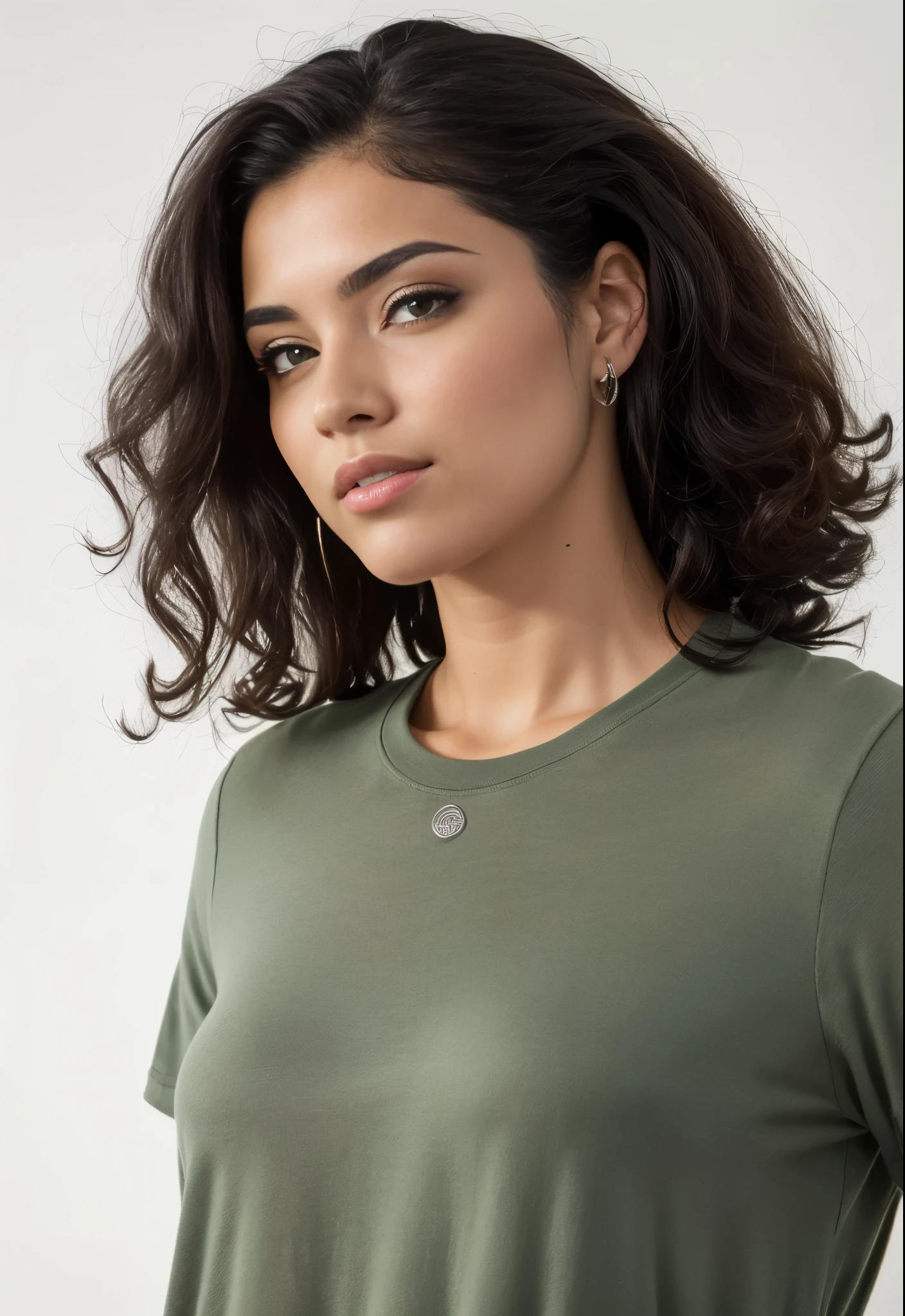 mulher arafada com cabelos cacheados vestindo uma camisa verde e brincos, Pele Oliva color, verde oliva, vestindo uma camiseta, Pele Oliva, close up profile view, vista lateral, verde silenciado, high angle close-up, weathered Pele Oliva, fechar o retrato, close face view, garota atraente, Retrato frontal, sage green, 3/4 vista lateral