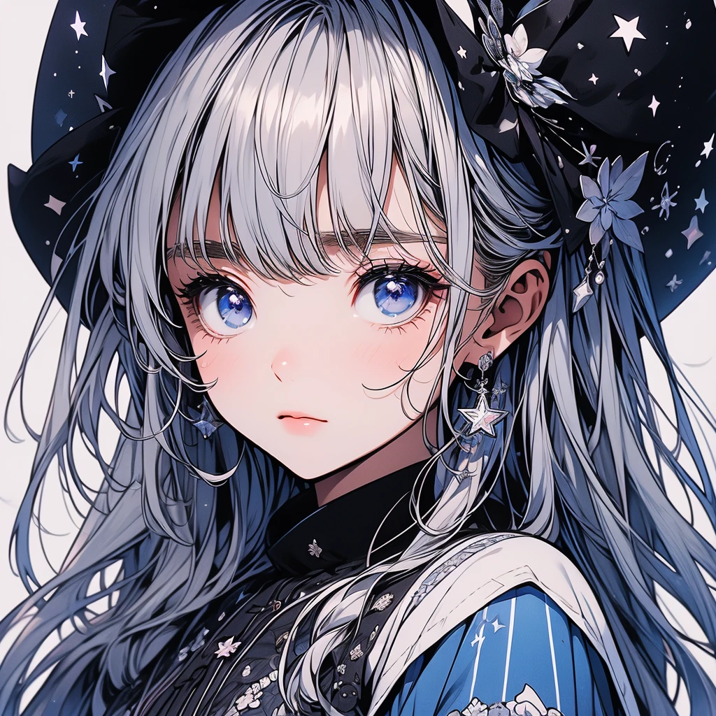 highest quality、８K,Handsome face、vtuber half body、Ultra-detailed eyes、視聴者に向かって真っすぐfrontの絵、starの妖精、全身front立ち絵、front、One girl,highest quality、masterpiece、Official Art、Very detailed、so beautiful、かわいいstarの妖精、Gray hair straight long、milky way、universe、star charm、star、Baby Face、Knee-high boots、Japanese pattern dress、A beautiful girl wearing a black and white outfit made from a remade yukata.、universeを思わせる花魁フリルドレス、Face close-up、universe色のグラデーションヘアカラー、