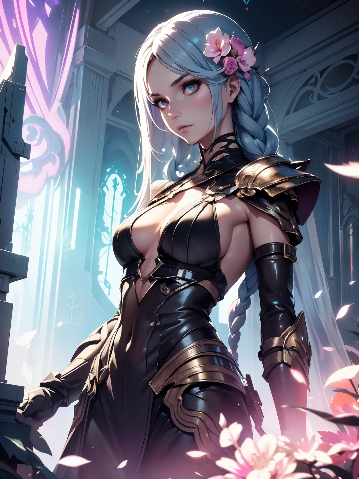 a beautiful detailed ornamental female figure with an soft smile, sharp eyes, and long flowing white hair, wearing a purple lovely soft armor, standing in a garden with healing flowers, the overall style is futuristic, cyberpunk, and neon with an Art Nouveau influence, the artwork has an intricately detailed, splendid, elite, and ornamental aesthetic, with liquid wax textures, a luminous design, and a double exposure photo effect, created in the style of Greg Rutkowski, Pedro Mohrbacher, and Artstation trends, with a mystic and elegant atmosphere, a torso shot composition, and a colorful garden room background 