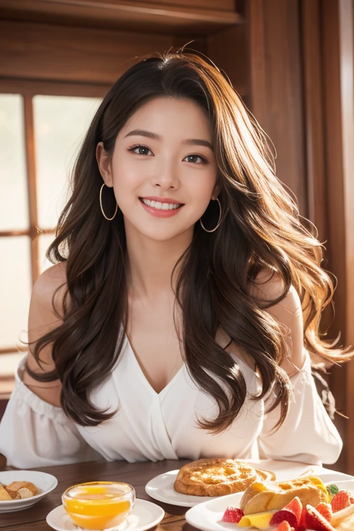 highest quality、4K、Perfect Face、Perfect Style、Sunburn、Long Layer Hair、beautiful、stylish appeal、Mature、Curly Hair、Swept-back hair、breakfast 、Charming smile、full body, giddy-smile