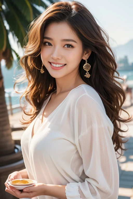 highest quality、4K、Perfect Face、Perfect Style、Sunburn、Long Layer Hair、beautiful、stylish appeal、Mature、Curly Hair、Swept-back hair、breakfast 、Charming smile、full body, giddy-smile