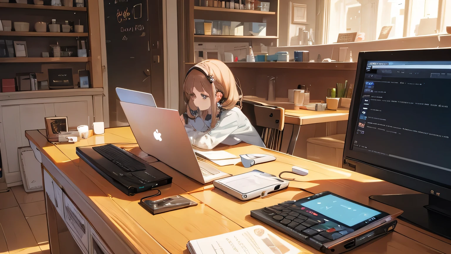 iPods,Wearing wireless earphones,laptop,View Monitor,Cute older sister,remote,Cafe,Morning activities