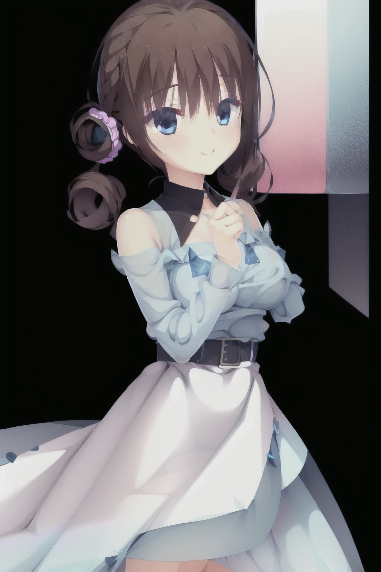 1girl,solo,smiling,middle_breast,blue_eyes,Twin tails,dress,solo,short_sleeves,sensitive,white_dress,puffy_sleeves,puffy_short_sleeves,standing,blue_dress,makeup,see-through,holding,feet_out_of_frame,general,questionable,explicit,expensive_solve, clear_image, expensive_Contrast, 8k, Sparkling, beautiful_detailed_face_and_eye, (Dark brown hair:1.25), 白 eye,