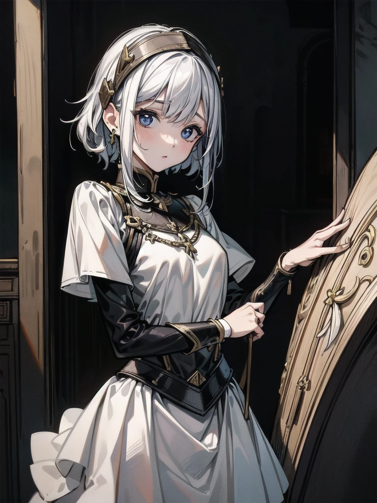 whole body, Joan of Arc, absurdres, RAW photo, extremely delicate and beautiful, masterpiece, Best Quality, ultra high resolution, 32k, hyperrealistic, ultra-detailed, perfect figure, detailed description, pale skin, 20 years old, detailed beautiful face and eyes, tearful mole, earring, short medium hair, wavy hair,