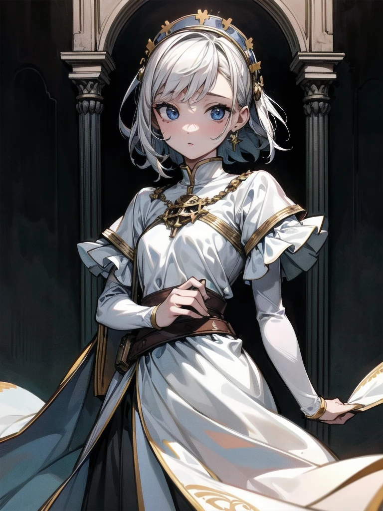 whole body, Joan of Arc, absurdres, RAW photo, extremely delicate and beautiful, masterpiece, Best Quality, ultra high resolution, 32k, hyperrealistic, ultra-detailed, perfect figure, detailed description, pale skin, 20 years old, detailed beautiful face and eyes, tearful mole, earring, short medium hair, wavy hair,