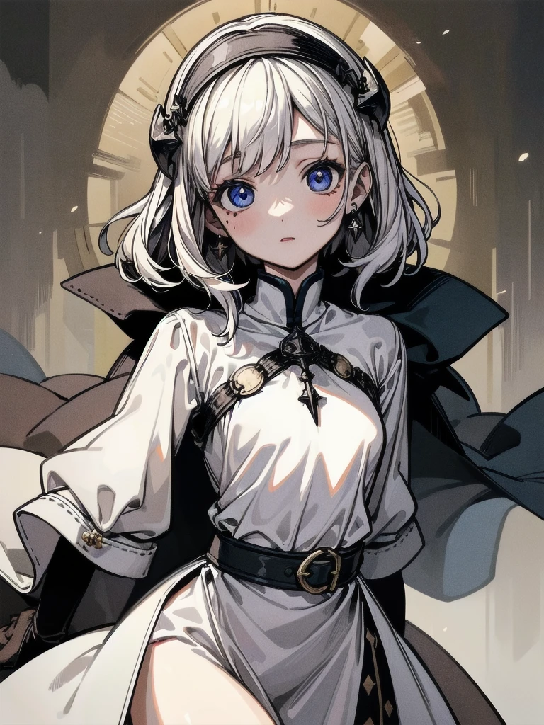 whole body, Joan of Arc, absurdres, RAW photo, extremely delicate and beautiful, masterpiece, Best Quality, ultra high resolution, 32k, hyperrealistic, ultra-detailed, perfect figure, detailed description, pale skin, 20 years old, detailed beautiful face and eyes, tearful mole, earring, short medium hair, wavy hair,
