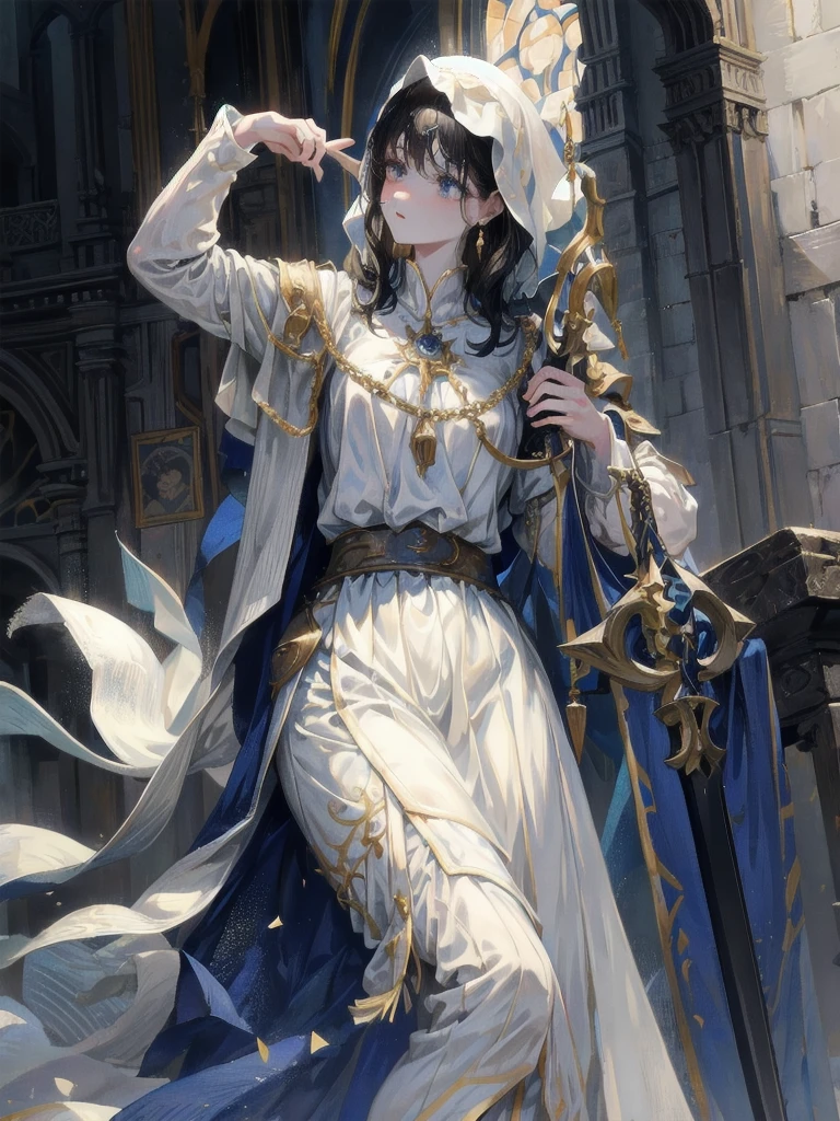 whole body, Joan of Arc, absurdres, RAW photo, extremely delicate and beautiful, masterpiece, Best Quality, ultra high resolution, 32k, hyperrealistic, ultra-detailed, perfect figure, detailed description, pale skin, 20 years old, detailed beautiful face and eyes, tearful mole, earring, short medium hair, wavy hair,
