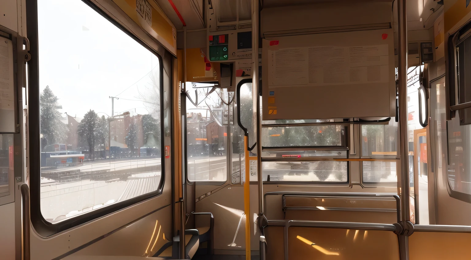 there is a view of a train from the internal of it, internal the train, interior, view from internal, 4 0 9 6, Tram, The window is open, internal of a metro train, public bus, interior view, Complex!!, bus, internal, street Tram, Portraiture!!, Trams ) ) ), completely empty, Trams, Shot from the rear