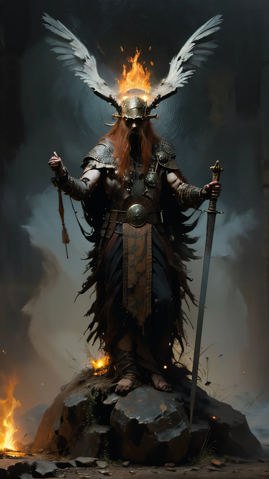 Perfect balance, Anatomically correct, (creation myth: 2.0), (The world of Norse mythology: 1.6), highly stylized, Deviant art, masterpiece, Very detailed, fine grain, expressive fine grain, Detailed pupil, Futuristic, ((Fantasy of the Zero Era)), ((Flame Beard, Flame Hair)), Artifact Heavy Armor, (Fire Giant:1.4), Full body image, Inkpunk, Fantasy art, Billing equipment, Neo-Victorian, Inkpunk, Paint Tray, Ink splash, (Action pose:1.0), ((Wields a long flaming sword)), Ragnarok, Apocalypse,