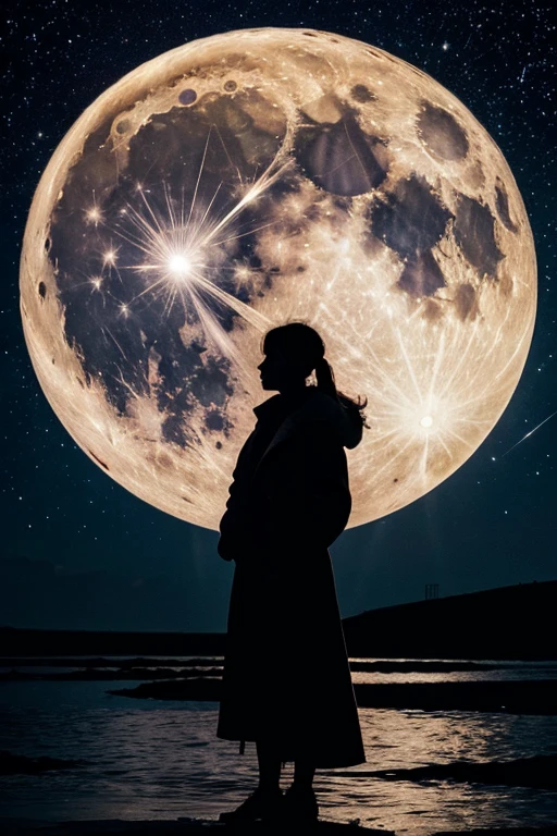 highest quality,Big moon and shadow,A silhouette of a person can be seen against the backdrop of a large moon.,There is one full moon,There is a mood,Beautiful scenery,Starry Sky