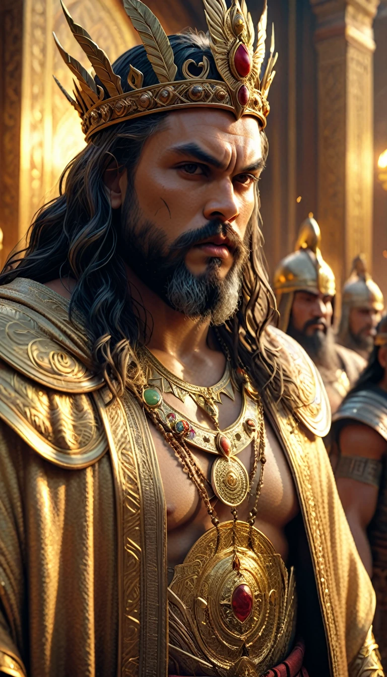 Image of a man in a crown and robe standing before a crowd of people, jason momoa as assyrian, biblical epic movie, Grande Rei de Stovokor, ainda de um filme de fantasia, Gengis Khan, guerreiro persa, Foto de Genghis Khan, de warcraft, Guan Yu, Directed by: Roman Bezpalkiv, digital UHD (64k) image, cinematic film still dramatic side lighting, dramatic intense stare closeup portrait,  hdr,  shallow depth of field, vignette, highly detailed, high budget Hollywood film, cinemascope, moody, epic, gorgeous
, Highly detailed and clean, Photorealistic and cinematic masterpiece, professional photography, realistic, realism, 200k , Raytracing and light effect , gold magic, gold efect, digital, perfect composition, beautiful detailed intricate insanely detailed octane render trending on artstation, 8 k artistic photography, photorealistic concept art, soft natural volumetric cinematic perfect light, award - winning photograph, masterpiece, raphael, caravaggio, greg rutkowski, beeple, beksinski, giger