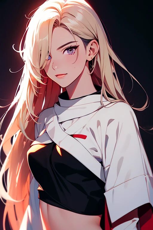 2d illustration, anime, a painting portrait in fine arts, in manhwa style, Bishamon from noragami, 1girl, blond hair, long hair, big hair, eyepatch, makeup, purple eyes, beautiful, high definition, masterpiece, best quality, high detail, high detailed eyes, grain filter, {{confident smile}}, Detailed lips, high resolution, ultra-detalhado, retrato, mulher caucasiana, slim physique, realista proportions, Anatomicamente preciso, sorriso sutil, bochechas rosadas; intimate distance, dark lighting, {{red lips}}, olhando_no_visualizador, inclinando para a camera, alta qualidade, premiado, high resolution, 8k