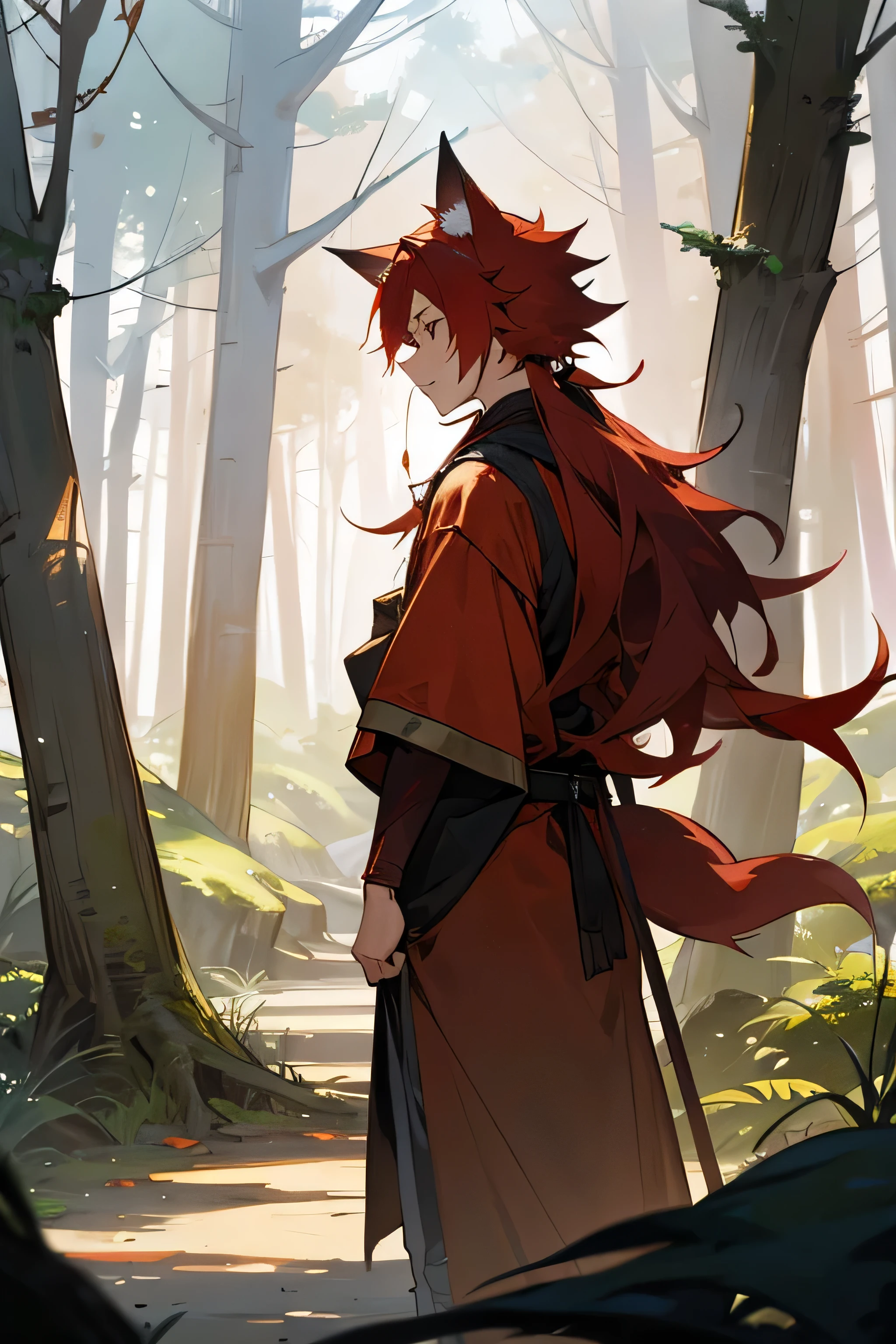 anime young red haired male with wolf ears and fox tail in a magic forest setting, little fox follower at his side