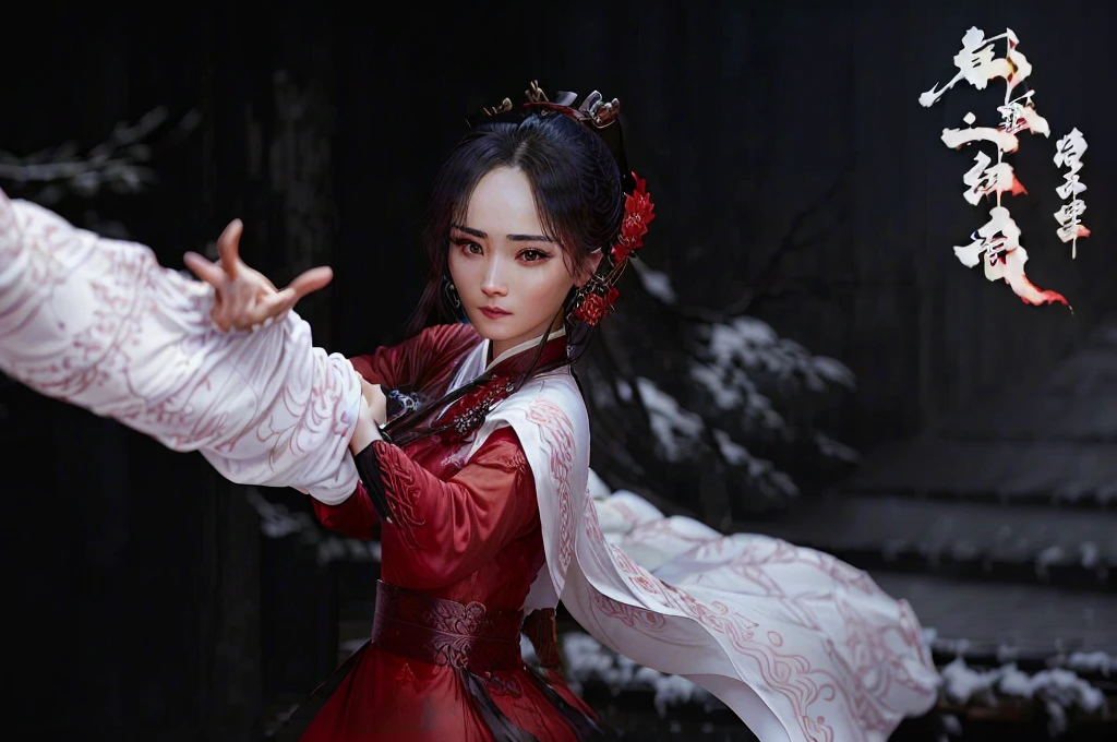 Close-up：A woman in a red dress、Lady holding a white shawl, Full body martial arts, wuxia, xianxia hero, Inspired by trees, Inspired by Zhang Yan, Inspired by Huang Ji, xianxia fantasy, Inspired by Zhan Ziqian, Inspired by Zhao Yuan, Dilraba Dilmurat