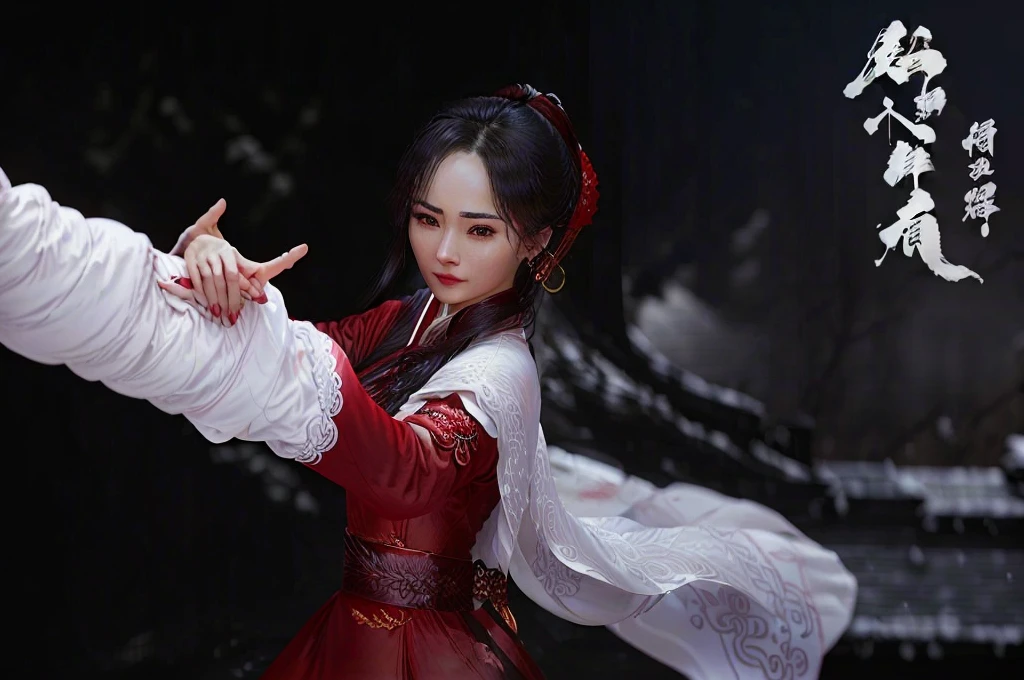 Close-up：A woman in a red dress、Lady holding a white shawl, Full body martial arts, wuxia, xianxia hero, Inspired by trees, Inspired by Zhang Yan, Inspired by Huang Ji, xianxia fantasy, Inspired by Zhan Ziqian, Inspired by Zhao Yuan, Dilraba Dilmurat