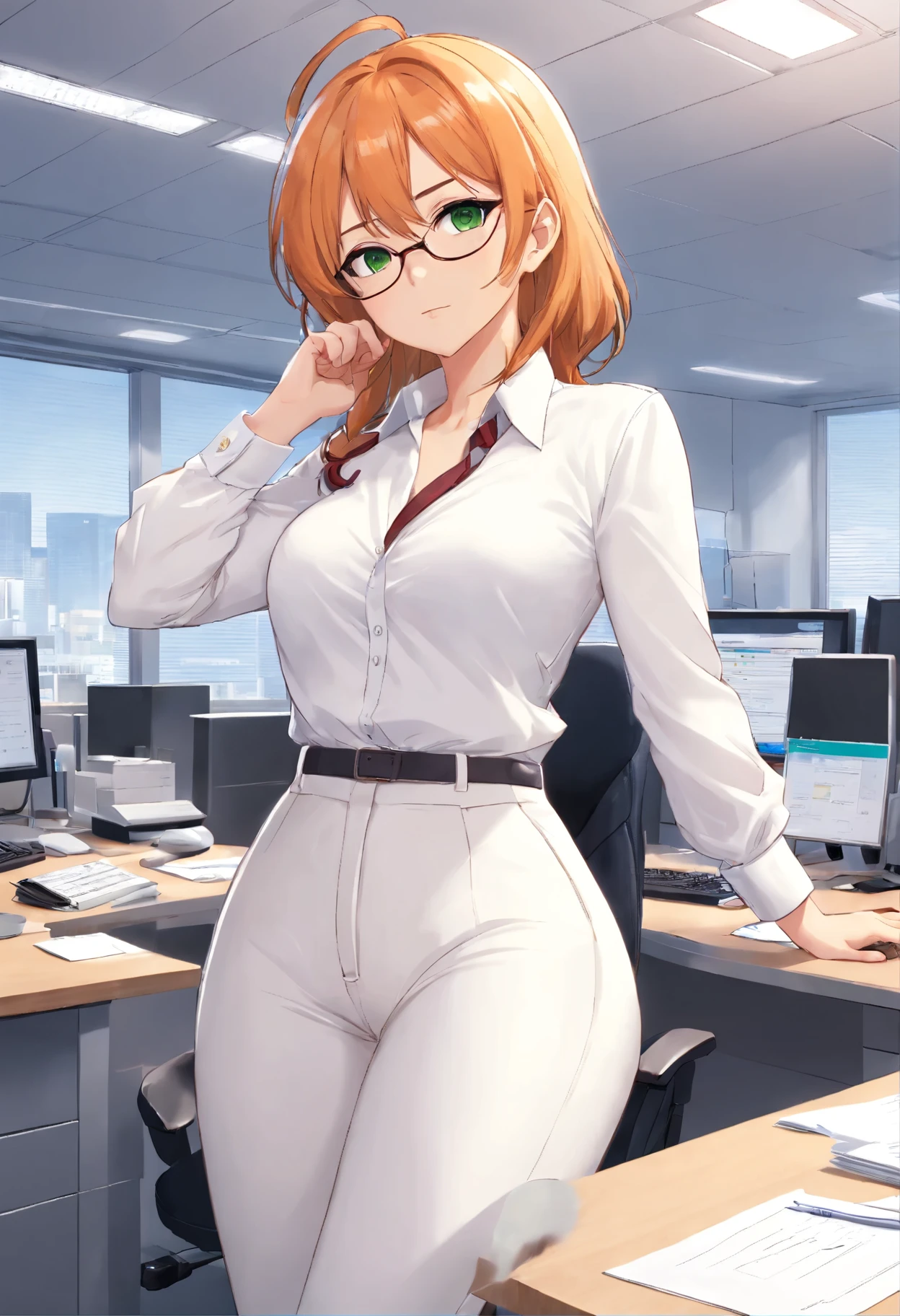 (masterpiece, Best quality), 8K, ultra detailed, realistic photo, Detailed face, perfect lighting, green eyes, bright orange hair, bright hair, fox ears, nice legs, side photo, beautiful, Cute, skin pores, 1 girl, stand in the office, hiking, Office pants, perfect shirt, fully dressed, beautiful women 30 years old, Beautiful proportions, Russian woman, Caucasian, European, Business lady, stunningly beautiful woman, mother, thick legs, show ass, big breasts, (Thin white shirt:1.4), thick, hot, (White Office Wear:1.4), tight pants, (wide hips:1.2), thick, (white Office pants:1.3), spread your legs, Legs open, full length, wide hips, Glasses
