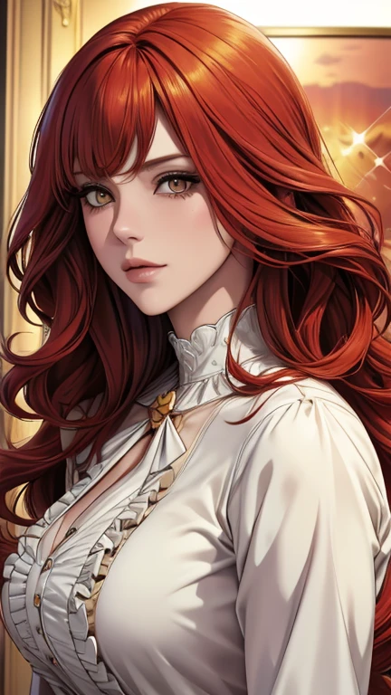 portrait of, redhead, yellow-white eyes, long hair, redhead hair, wavy hair, bangs, background golden hour, null, to the chest, White blouse with ruffles, race, tattoo on neck, tv tattoo