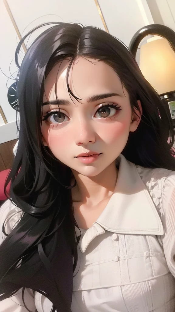 seorang wanita muda cantik berumur 20 tahun,rambut panjang berwarna gelap, mengenakan kemeja berwarna terang dengan kerah. Latar belakang tampak seperti ruangan dalam dengan dinding berwarna putih dan pandangan sebagian orang lain di latar belakang
