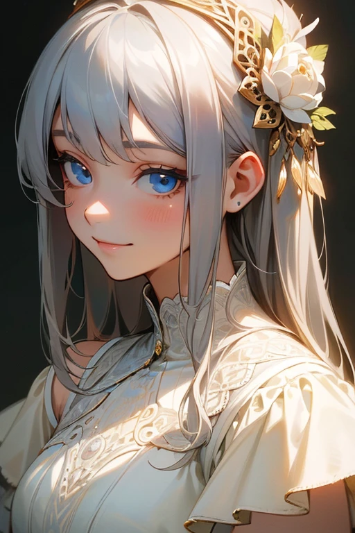 (masterpiece: 1.2, highest quality), (Actual Photos, Intricate details), 1. woman, alone, Upper Body, casual, Shoulder-length hair, Minimal makeup, Natural materials, Face close-up, smile, Home, Gray Hair, blue eyes, Shoulder Bare、優しいsmile、the face remains the same、gorgeous hair accessory、