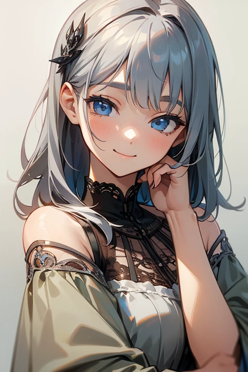 (masterpiece: 1.2, highest quality), (Actual Photos, Intricate details), 1. woman, alone, Upper Body, casual, Shoulder-length hair, Minimal makeup, Natural materials, Face close-up, smile, Home, Gray Hair, blue eyes, Shoulder Bare、優しいsmile、the face remains the same、gorgeous hair accessory、