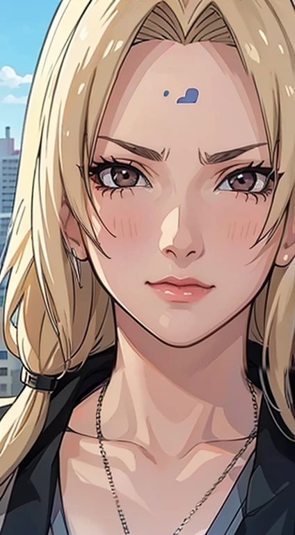 (best quality:1.3), (4k quality), tsunade, ((Detailed face)), (blush), ((blue sky)), (cyberpunk city