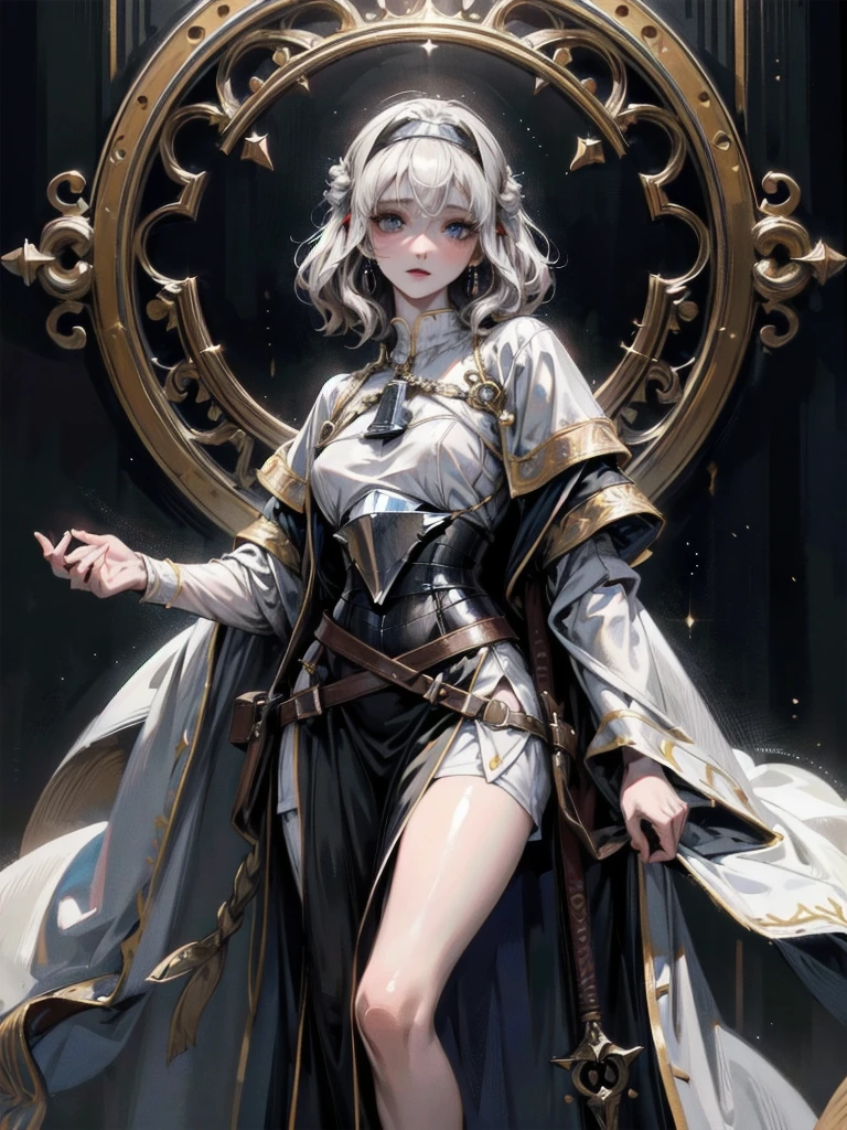 Joan of Arc, absurdres, RAW photo, extremely delicate and beautiful, masterpiece, Best Quality, ultra high resolution, 32k, hyperrealistic, ultra-detailed, perfect figure, detailed description, pale skin, 20 years old, detailed beautiful face and eyes, tearful mole, earring, short medium hair, wavy hair,