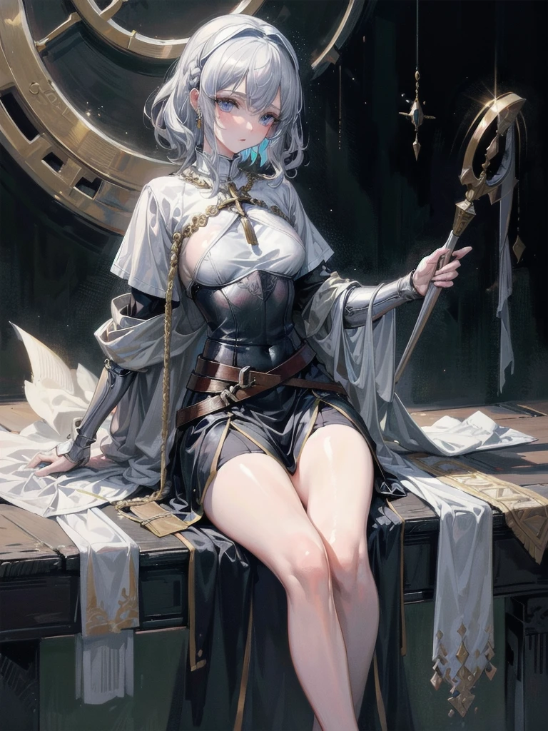 whole body, Joan of Arc, absurdres, RAW photo, extremely delicate and beautiful, masterpiece, Best Quality, ultra high resolution, 32k, hyperrealistic, ultra-detailed, perfect figure, detailed description, pale skin, 20 years old, detailed beautiful face and eyes, tearful mole, earring, short medium hair, wavy hair,