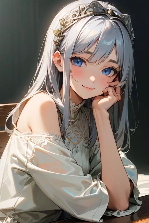 (masterpiece: 1.2, highest quality), (Actual Photos, Intricate details), 1. woman, alone, Upper Body, casual, Shoulder-length hair, Minimal makeup, Natural materials, Face close-up, smile, Home, Gray Hair, blue eyes, Shoulder Bare、優しいsmile、the face remains the same、gorgeous hair accessory、
