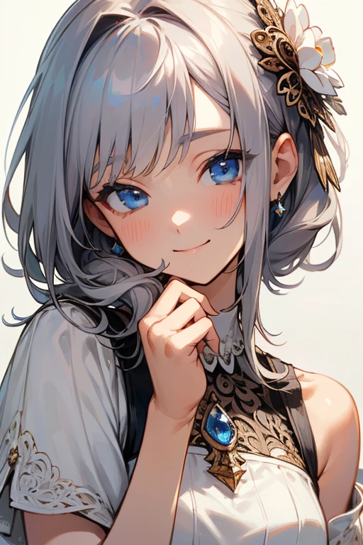 (masterpiece: 1.2, highest quality), (Actual Photos, Intricate details), 1. woman, alone, Upper Body, casual, Shoulder-length hair, Minimal makeup, Natural materials, Face close-up, smile, Home, Gray Hair, blue eyes, Shoulder Bare、優しいsmile、the face remains the same、gorgeous hair accessory、
