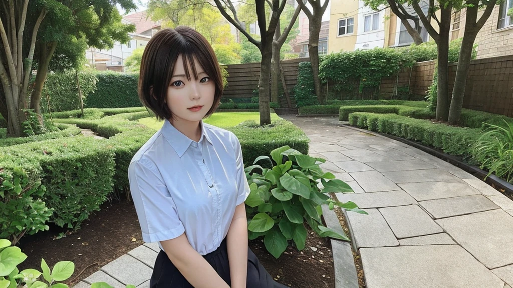 Beautiful woman with short hair ,garden ,alone