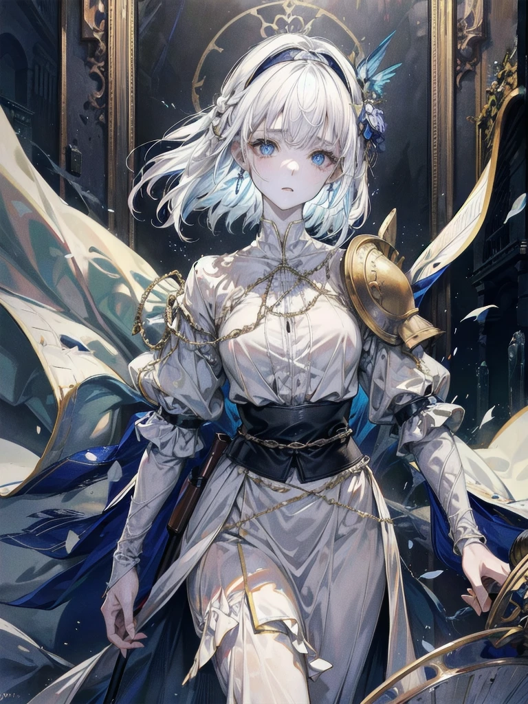 whole body, Joan of Arc, absurdres, RAW photo, extremely delicate and beautiful, masterpiece, Best Quality, ultra high resolution, 32k, hyperrealistic, ultra-detailed, perfect figure, detailed description, pale skin, 20 years old, detailed beautiful face and eyes, tearful mole, earring, short medium hair, wavy hair,