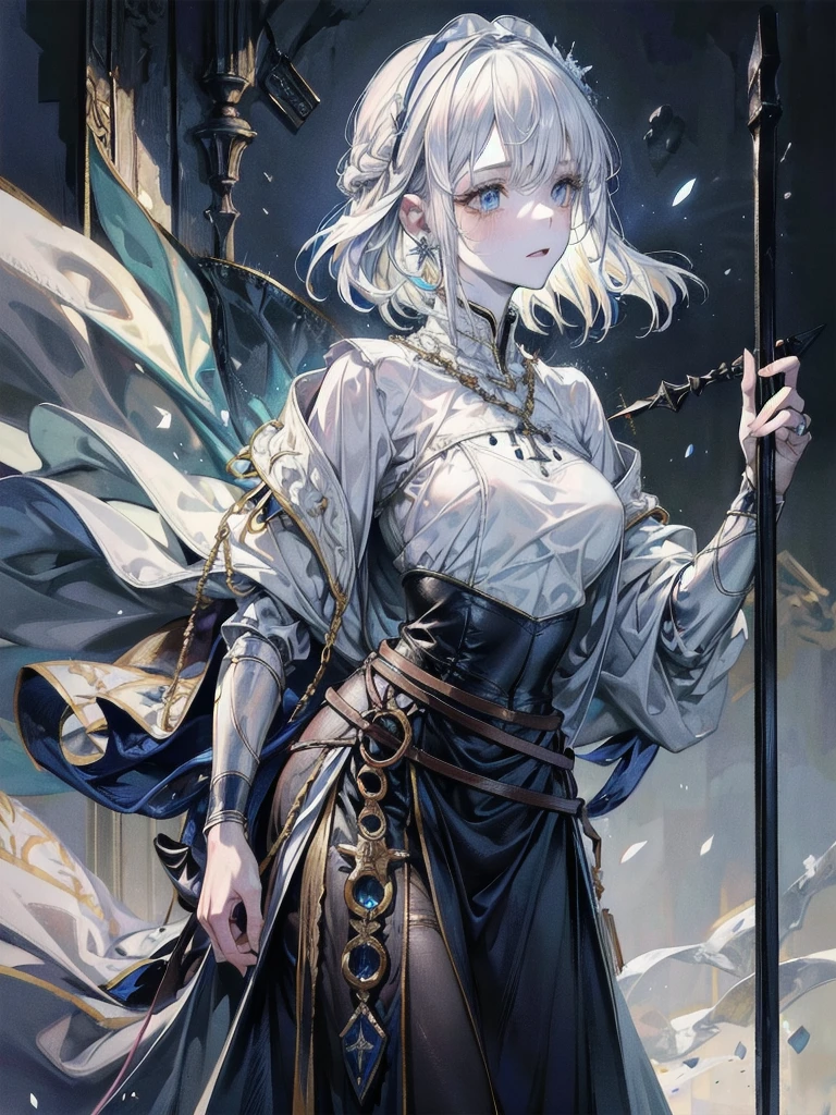 whole body, Joan of Arc, absurdres, RAW photo, extremely delicate and beautiful, masterpiece, Best Quality, ultra high resolution, 32k, hyperrealistic, ultra-detailed, perfect figure, detailed description, pale skin, 20 years old, detailed beautiful face and eyes, tearful mole, earring, short medium hair, wavy hair,