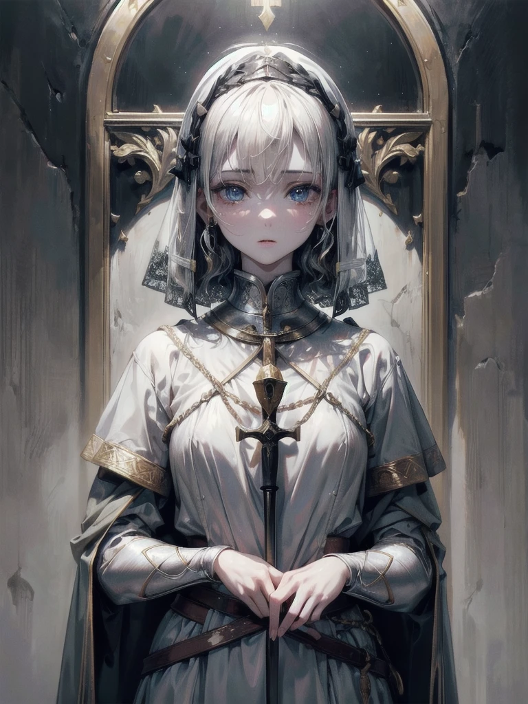 whole body, Joan of Arc, absurdres, RAW photo, extremely delicate and beautiful, masterpiece, Best Quality, ultra high resolution, 32k, hyperrealistic, ultra-detailed, perfect figure, detailed description, pale skin, 20 years old, detailed beautiful face and eyes, tearful mole, earring, short medium hair, wavy hair,