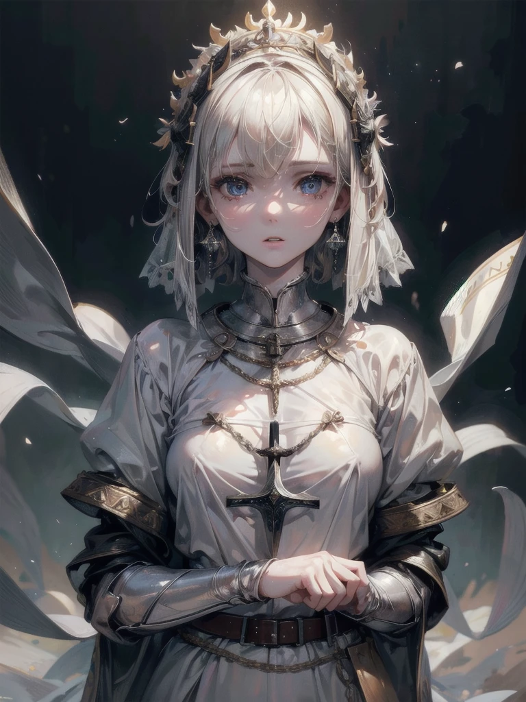 whole body, Joan of Arc, absurdres, RAW photo, extremely delicate and beautiful, masterpiece, Best Quality, ultra high resolution, 32k, hyperrealistic, ultra-detailed, perfect figure, detailed description, pale skin, 20 years old, detailed beautiful face and eyes, tearful mole, earring, short medium hair, wavy hair,