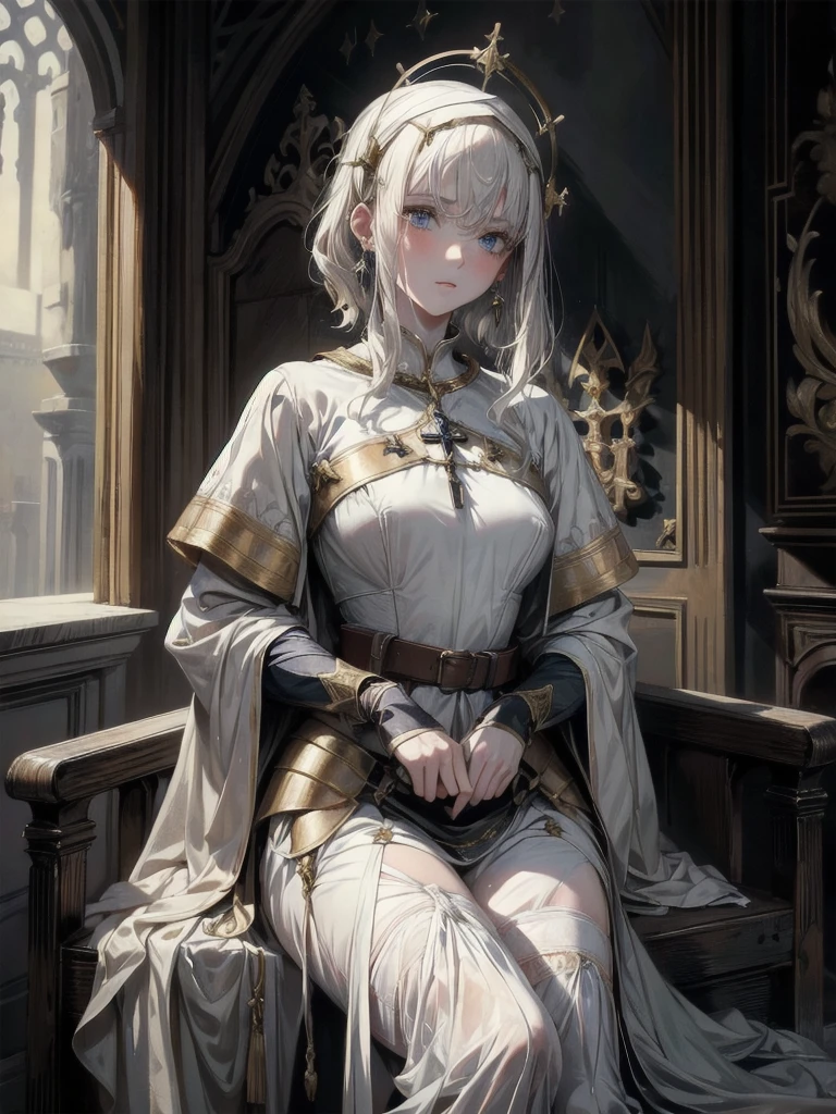 whole body, Joan of Arc, absurdres, RAW photo, extremely delicate and beautiful, masterpiece, Best Quality, ultra high resolution, 32k, hyperrealistic, ultra-detailed, perfect figure, detailed description, pale skin, 20 years old, detailed beautiful face and eyes, tearful mole, earring, short medium hair, wavy hair,