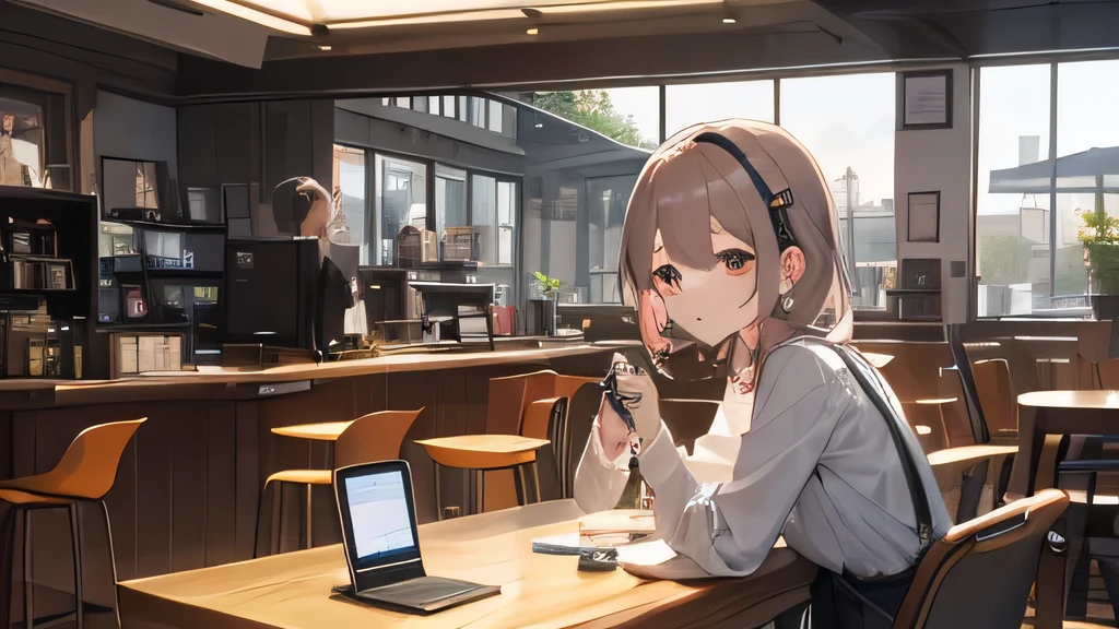 iPods,Wearing wireless earphones,laptop,View Monitor,Cute older sister,remote,Cafe,morning