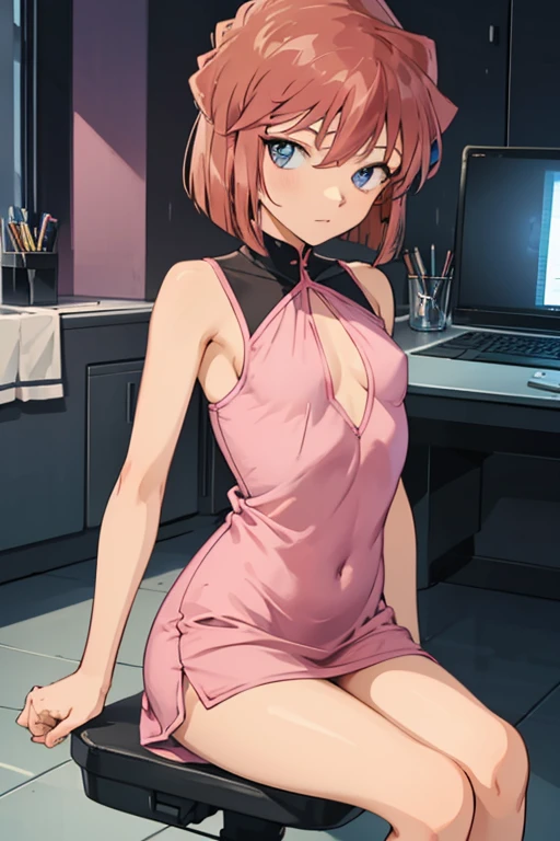 extremely detailed wallpaper,sharp focus,soft light,beautiful eyes,perfect anatomy,higher,super detailed,professional lighting,depth of field,detailed beauty face,perfect limbs,highest quality,high resolution,,140cm hig,((small breast)),((black eyes)),girl body,((embarrassing)),from side,sitting on chair,looking at computer,laboratory,(sleeveless short dress,pink dress)