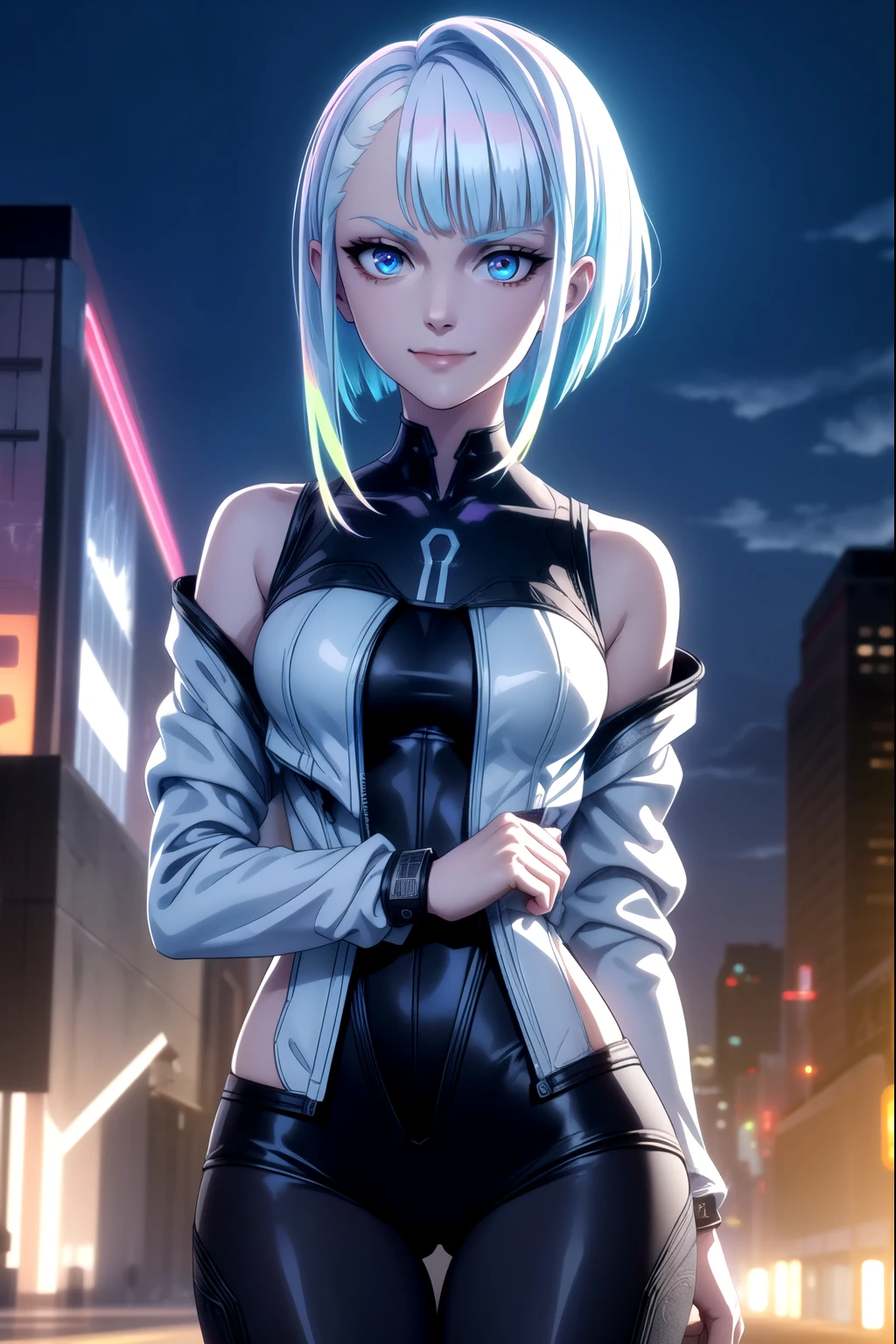 cyberpunklucy, lucy, short hair, bangs, blue eyes, blue hair, multicolored hair, makeup, multicolored eyes, smile,smirk,smile
BREAK bare hips, bodysuit, jacket, leotard, monowire, off shoulder, off-shoulder jacket, open clothes, open jacket, skindentation,
BREAK outdoors, car, moon, night time, sky, clouds,
BREAK looking at viewer, professional shot(cowboy shot:1.5),
BREAK (masterpiece:1.2), best quality, high resolution, unity 8k wallpaper, (illustration:0.8), (beautiful detailed eyes:1.6), extremely detailed face, perfect lighting, extremely detailed CG, (perfect hands, perfect anatomy),smile,cute smile, iridescent hair