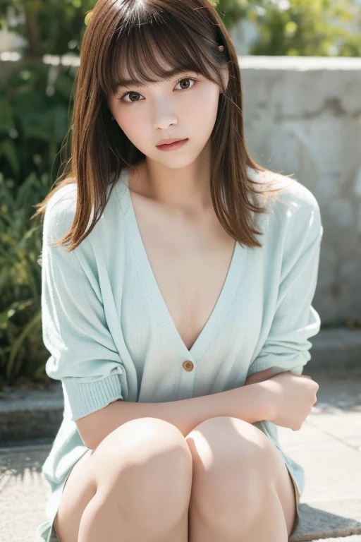 masterpiece, highest quality, 8k, 20th generation, Big Breasts, cute, alone, sad, cute, Girlish, cute、Delicate girl, Pure beauty, RAW Photos, Professional photography, Portraiture, Soft Light, Professional Lighting, Backlight, Head to knee photo, avert your eyes, Sophisticated, Film Grain, (Round face、Young Face、Thin eyebrows、Thin lips:1.0), Floating Hair, beautiful, Flowing hair, bangs, White blouse、pastel cardigan、(Small breasts、Flat Chest)、You can see the chest a little、Micro Mini Skirt、Voluptuous thighs、dolly make、Heterochromia iridis、Left and right eyes are different colors、Midsummer sky、Cumulonimbuidsummer Beach