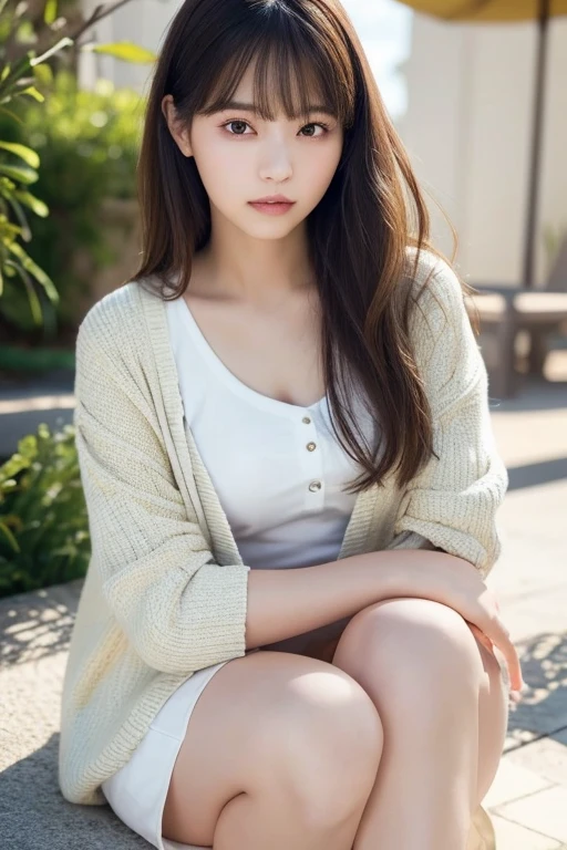 masterpiece, highest quality, 8k, 20th generation, Big Breasts, cute, alone, sad, cute, Girlish, cute、Delicate girl, Pure beauty, RAW Photos, Professional photography, Portraiture, Soft Light, Professional Lighting, Backlight, Head to knee photo, avert your eyes, Sophisticated, Film Grain, (Round face、Young Face、Thin eyebrows、Thin lips:1.0), Floating Hair, beautiful, Flowing hair, bangs, White blouse、pastel cardigan、(Small breasts、Flat Chest)、You can see the chest a little、Micro Mini Skirt、Voluptuous thighs、dolly make、Heterochromia iridis、Left and right eyes are different colors、Midsummer sky、Cumulonimbuidsummer Beach
